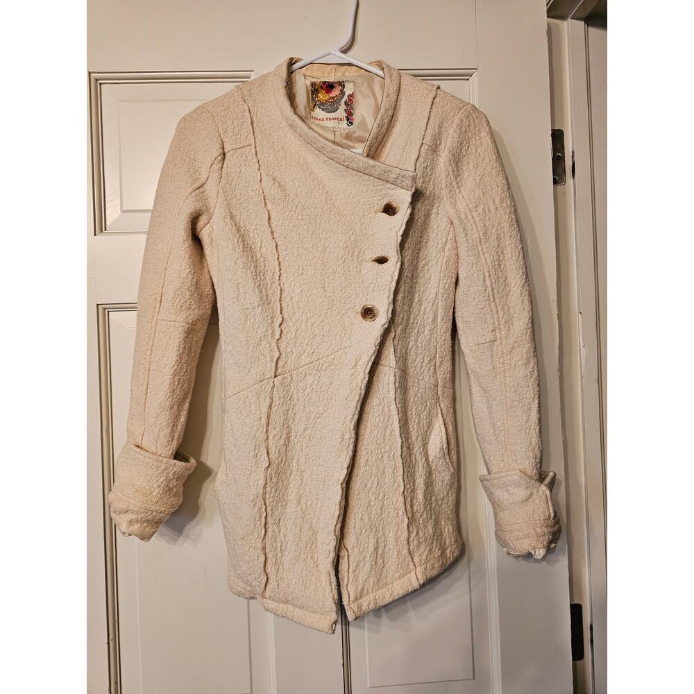 Free People Wool Military Pea Coat – Asymmetric 3-Button – Cream/Ivory – Size 2 - Picture 2 of 6